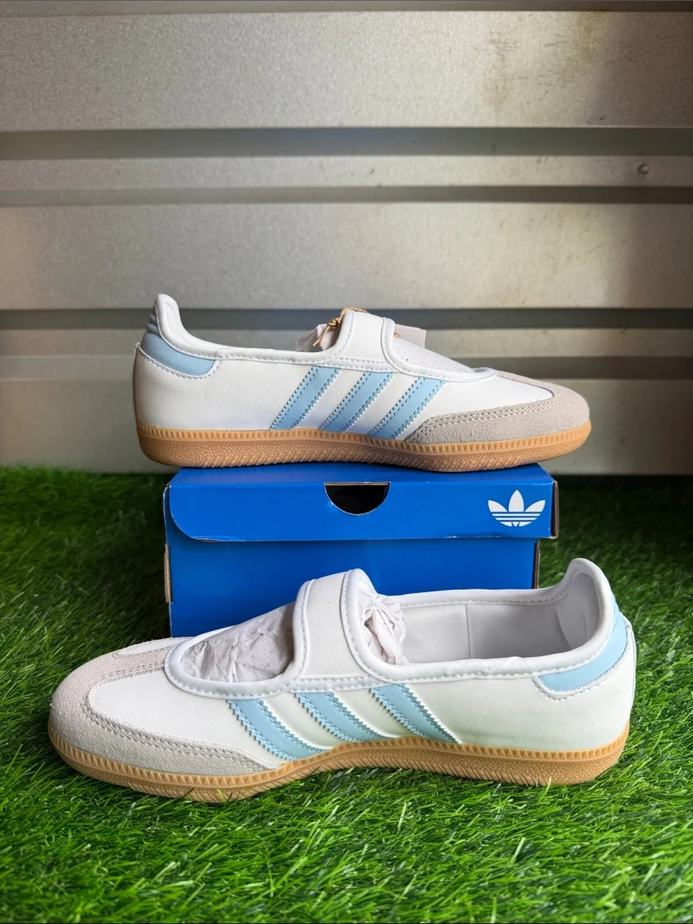 adidas Kids Samba Jane J White & Light Blue Sneakers with Gum Sole